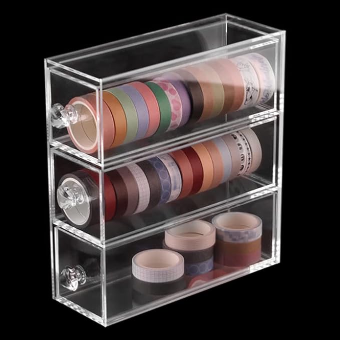 HomDSim 3 Drawers Acrylic Clear Washi Tape Box Organizer Storage,Divider Closet Container Holder for Cosmetic Makeup,for Ribbon,Sewing,Thread,Masking Tape,Roll Tape,Pencils,Cotton Ball, Cotton Swab by HomDSim