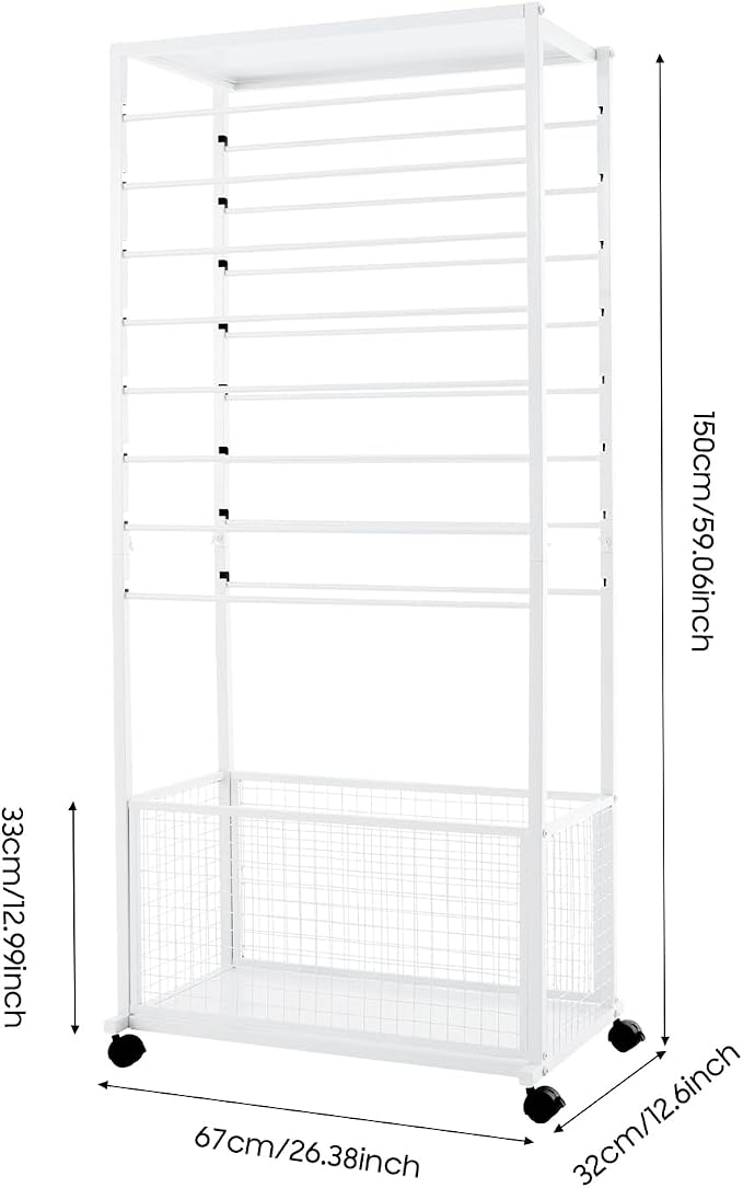 16-Tier Metal Ribbon Organizer, Ribbon Storage Rack with Wheels | 26.38*12.6*59.06" Craft Cart, Rolling Vertical Gift Wrapping Paper Storage Cart Organizer for Display Sewing (White) - Image 2