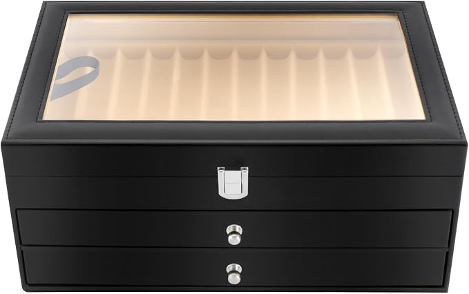 3 Layer Wood Pen Display Box, 36 Slot Wood Pen Display Organizer with Visible Glass Lid, Black Fountain Pen Storage Box for Desk, Study, Living Room by Unknown