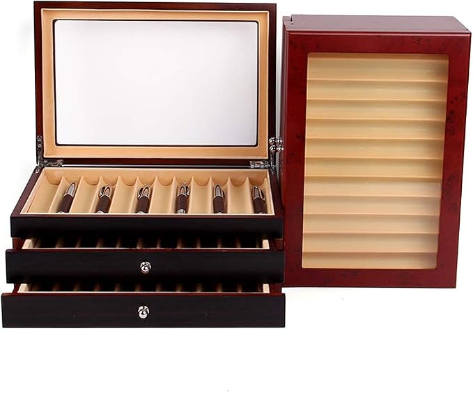 34 Slots Wooden Pen Display Box, 34 Pens Storage Fountain Pen Collector Case with Transparent Top Large Organizer Box, Gifts for Man Father Boyfriend Husband (Red) - Image 9