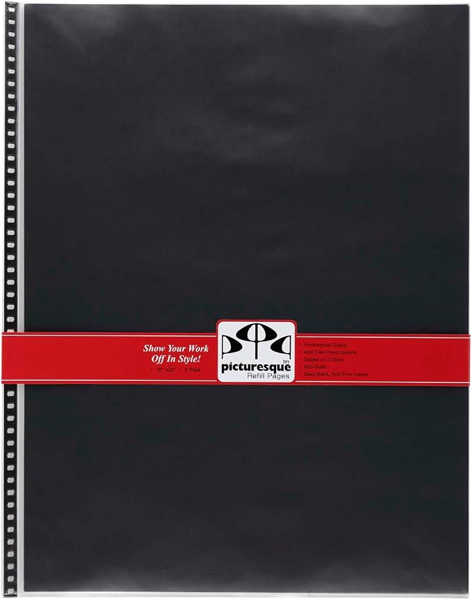 Picturesque Artist Presentation Case Refill Pages - Acid-Free Polypropylene Sleeves 80 lb. Black Divider Professional Storage Art Archival for Portraits and Artwork [18" x 24" - 5 Pack] by Stein+Design