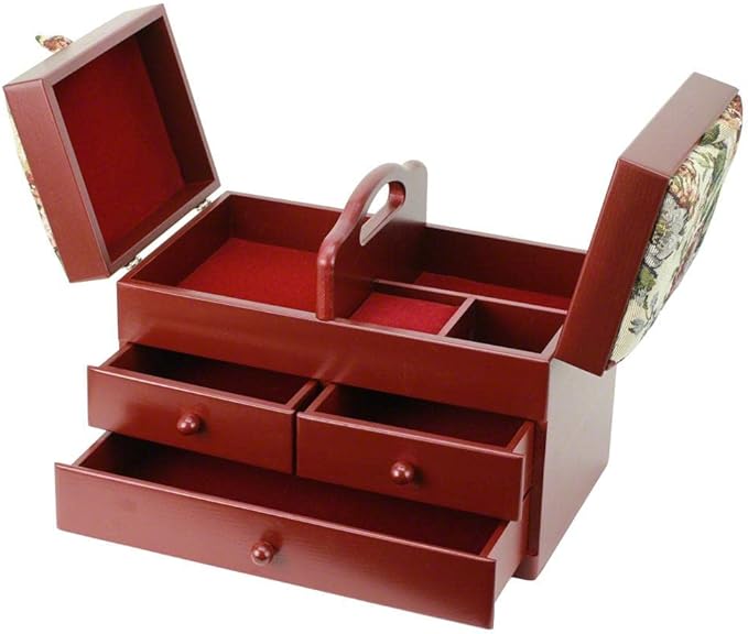 Classic Expanding Wood Sewing Box Basket Storage Caddy with tapestry padded lid, 2x3 Tiers with Easy Carrying Handle, Red