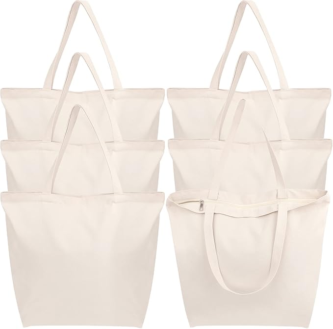 Segarty Canvas Bag with Zipper, 6 Pack 18x15in Blank Canvas Tote Bags for Women, Reusable Tote Bags Aesthetic with Natural Cotton Cloth, Shoulder Strap, Bulk for DIY Grocery Beach Travel Gift by Segarty