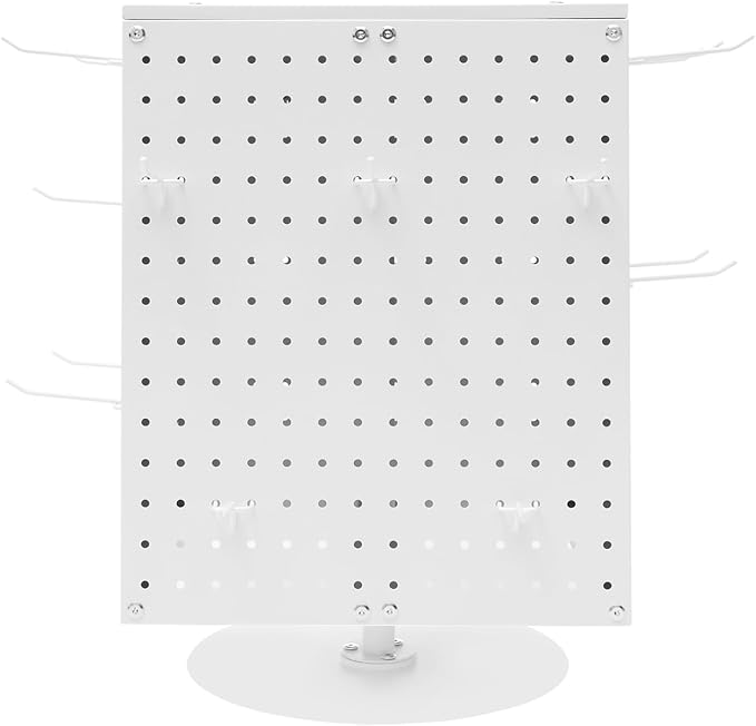 Pegboard Rotating Display Stand with 20 Hooks, 4 Sided Metal Spinning Peg Board Displays, Jewelry Earring Stands, Craft Keychain Rack, Necklace Holder for Retail Table Counter (White) - Image 5