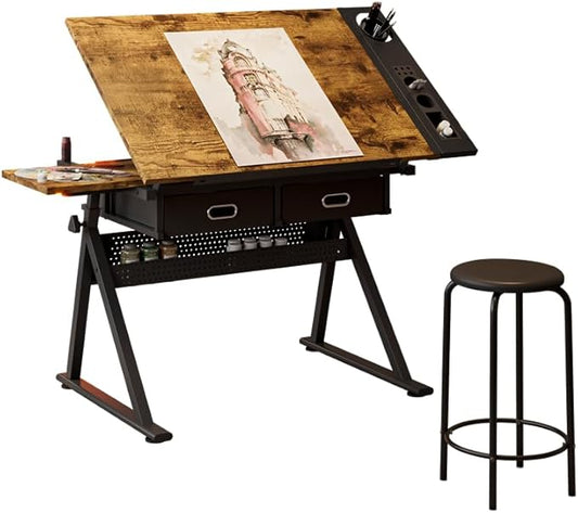 Adjustable Drafting Table with Stool,Tilting Art Desk with Storage Drawers for Home Office Reading, Writing, Crafting.Perfect for Artists and Hobbyists. (Rustic Brown)