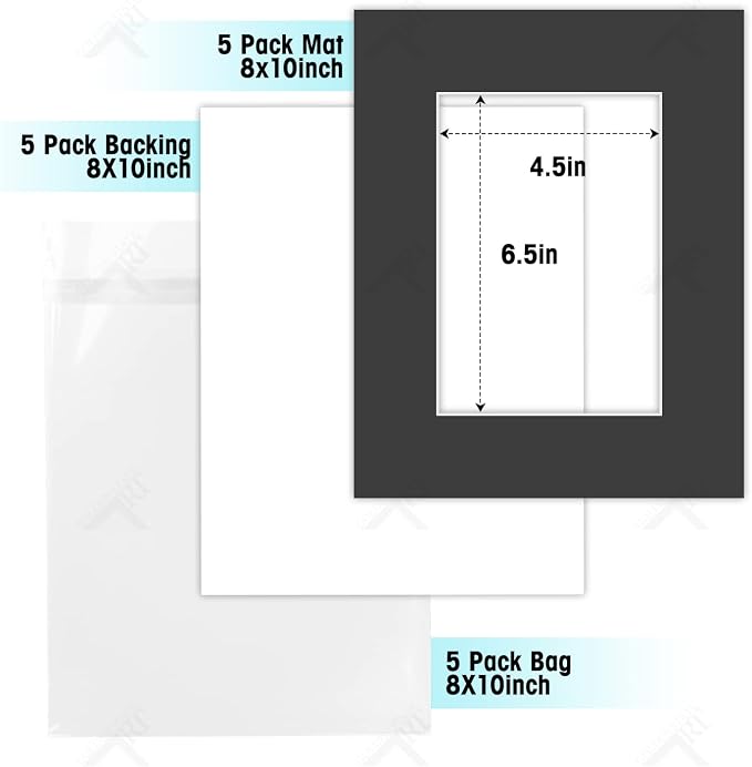 Golden State Art 5 Pack Black Mat 8x10 for 5x7 Photo Matte+Backings+Bags | Acid-Free,4-Ply Thick,Pre-Cut Kit Mattes,White Core,Bevel Cut,For Photos, Pictures,Artwork, Poster or Print Display - Image 2