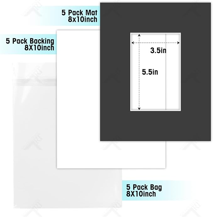 Golden State Art 5 Pack Black Mat 8x10 for 4x6 Photo Matte+Backings+Bags | Acid-Free,4-Ply Thick,Pre-Cut Kit Mattes,White Core,Bevel Cut,For Photos, Pictures,Artwork, Poster or Print Display - Image 2