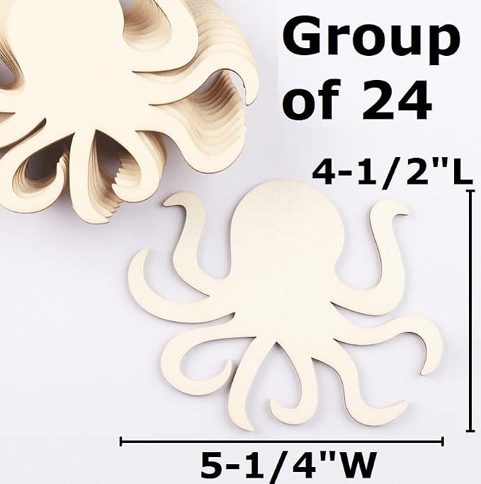 Pack of 24 Unfinished Wood Octopus Cutouts by Factory Direct Craft - Octopus Blank Wooden Sea Coastal Marine Shapes for Crafts (5-1/4" x 4-1/2 ") - Image 2