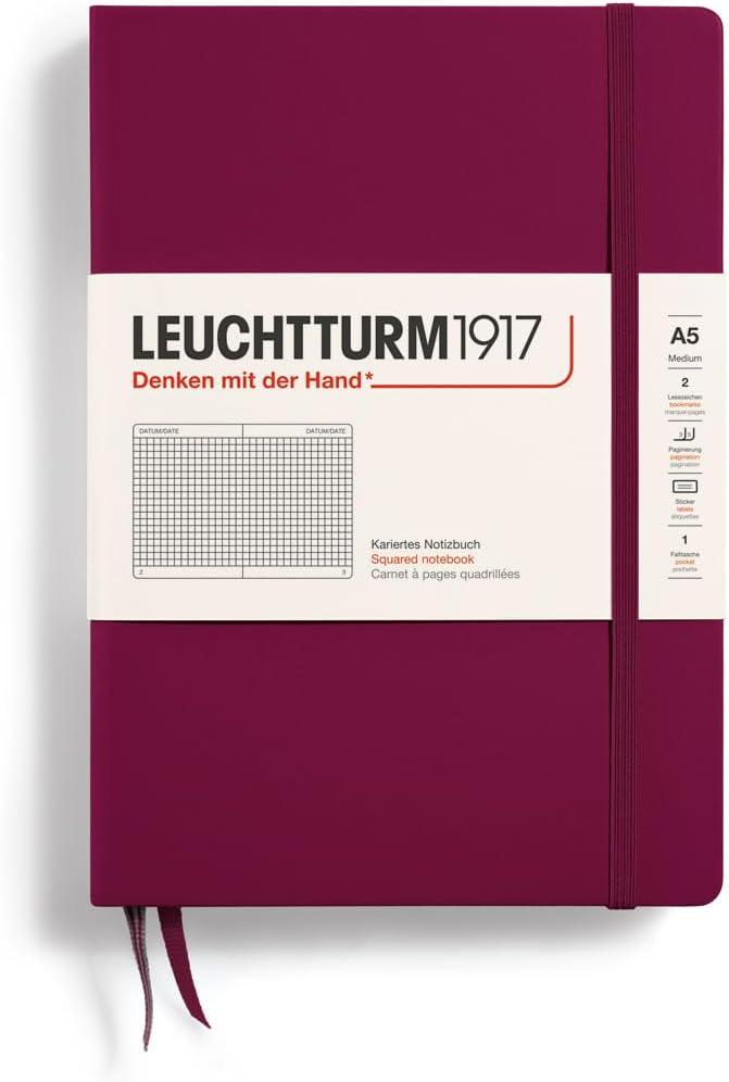 LEUCHTTURM1917 - Notebook Hardcover Medium A5-251 Numbered Pages for Writing and Journaling (Port Red, Squared) by LEUCHTTURM1917