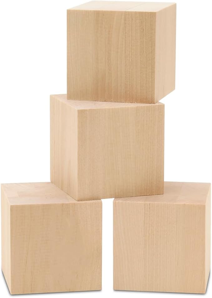 DIY Wooden Cubes 2-1/4-inch, Pack of 4 Large Wooden Blocks, Unfinished Wood Blocks for Crafts, STEM, Dice, and Building Blocks for Stacking, by Woodpeckers by Woodpeckers