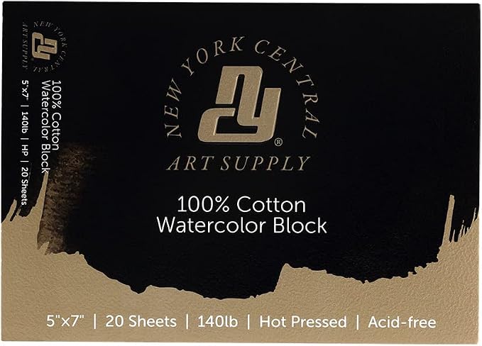 New York Central Watercolor Paper Block - 5x7" - 20 Sheets, 140 lb. Hot Press - 100% Cotton, Acid-Free, Archival Quality, Bright White Watercolor Paper Pad for Wet & Dry Media by NewYorkCentral