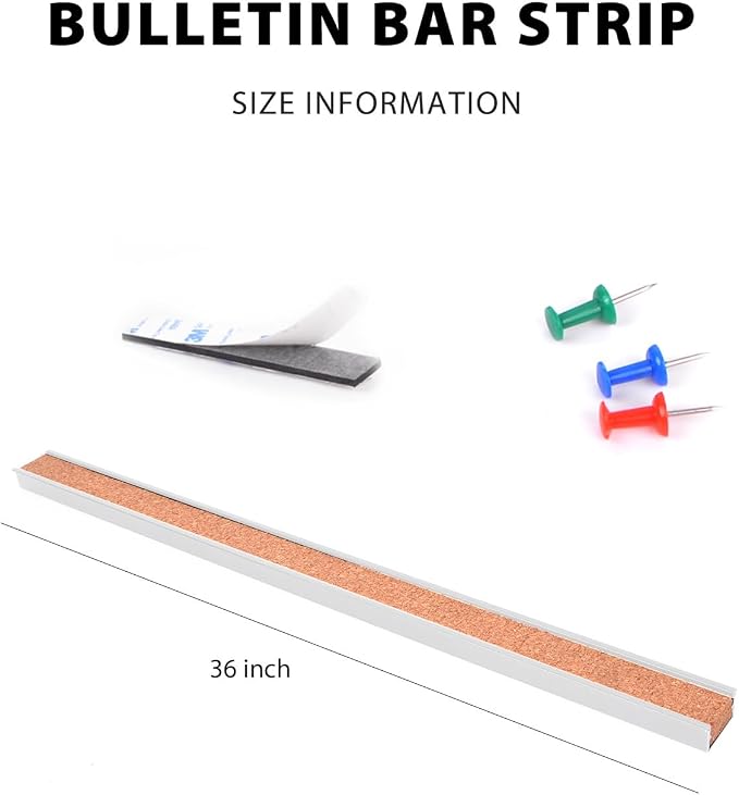 Corksidol Bulletin Bar Strip, Cork Board, Cork Strips, 36" x 1", Classroom, Office, Walls, Cubicle, Aluminum Frame,2 Pack, Silver | Large-area display solution with two long cork strips, tackable surface, and flexible installation for classrooms and of... - Image 2