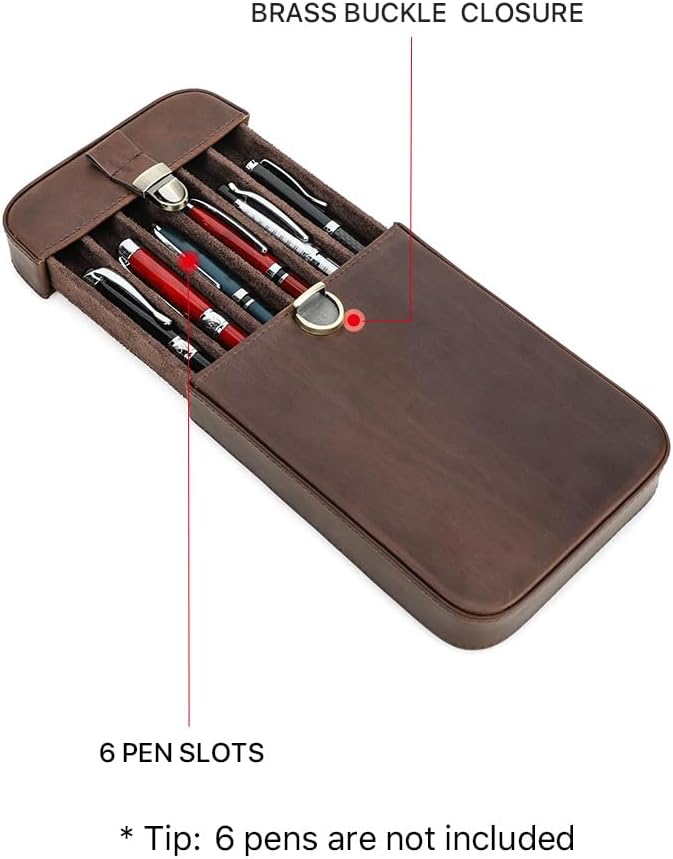 CONTACTS Full Grain Leather 6 Slot Pen Case Fountain Pens Holder Travel Pencil Case by Handmade Vintage Tray Design with Push Lock - Image 7