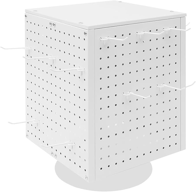 Pegboard Rotating Display Stand with 20 Hooks, 4 Sided Metal Spinning Peg Board Displays, Jewelry Earring Stands, Craft Keychain Rack, Necklace Holder for Retail Table Counter (White) by banborba