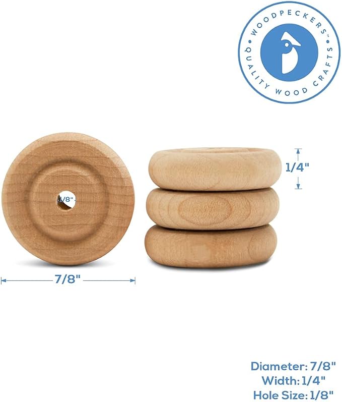 Classic Mini Wooden Wheels, Great for Crafts Too, 7/8 Inch Diameter, 1/4 Inch Thick, 1/8 Inch Hole, Pack of 50, by Woodpeckers - Image 5