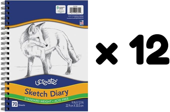 UCREATE Art1st Sketch Diary, Standard Weight Sulphite, White, Wet and Dry Media, Acid Free, Side Spiral Bound, 12" x 9", 70 Sheets/Sketch Book, Case of 12, 840 Sheets Total - Image 3
