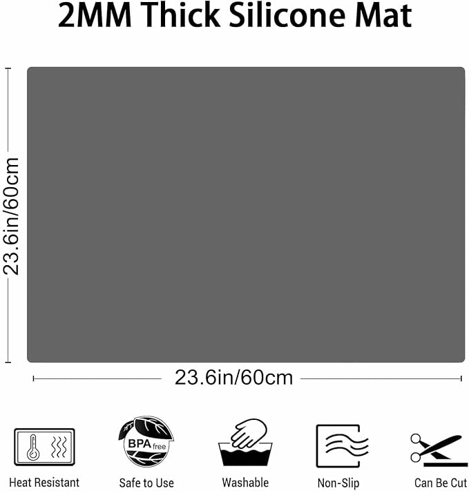 2MM Thick Silicone Countertop Mat, 23.6"x 23.6" Silicone Mats for Kitchen Counter, Nonslip Heat Resistant Mat, Large Kitchen Counter Mats, Waterproof Countertop Protector, Dark Gray - Image 2