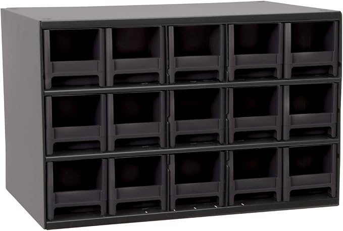 Akro-Mils Steel Garage Storage Cabinet, Small Parts Organizer Metal Cabinet for Hardware, Nails, Screws, Bolts, Nuts, and More, 17" W x 11" D x 11" H, 15-Drawer, Gray Cabinet/Black Drawers (19715) by Akro-Mils