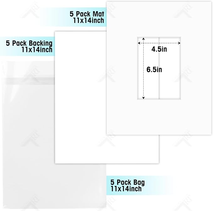 Golden State Art 5 Pack White Mat 11x14 for 5x7 Photo Matte+Backings+Bags | Acid-Free,4-Ply Thick,Pre-Cut Kit Mattes,White Core,Bevel Cut,For Photos, Pictures,Artwork, Poster or Print Display - Image 2