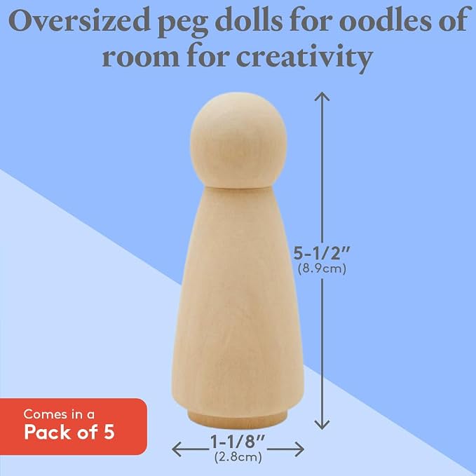 Wood Peg Dolls, 5.5 Inch Large Mom/Angel Shape Wood Peg People, Pack of 5 Wooden Dolls for Play, Strong Birch Wooden People Figures, Peg Dolls Unfinished - Image 4