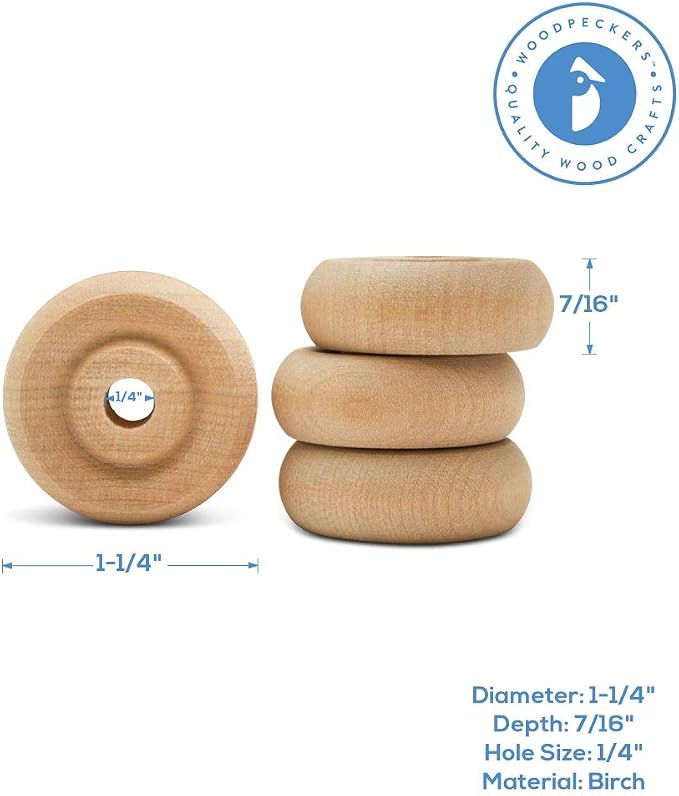 Classic Mini Wooden Wheels, Great for Crafts Too, 1-1/4 Inch Diameter, 7/16 Inch Thick, 1/4 Inch Hole, Pack of 100, by Woodpeckers - Image 5