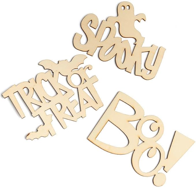 Pack of 18 Unfinished Wood Trick or Treat with Bats, Boo!, and Spooky Ghost Cutouts - Halloween Wooden Shapes for Fall Crafts and Autumn Decorations - Made in USA (3" to 3-3/4" H) - Image 3