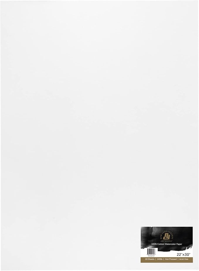 New York Central Watercolor Paper - 22x30-1 Pack of 10 Sheets, 140 lb. Hot Press - 100% Cotton, Acid-Free, Archival Quality, Bright White Watercolor Paper Pad for Wet & Dry Media by NewYorkCentral