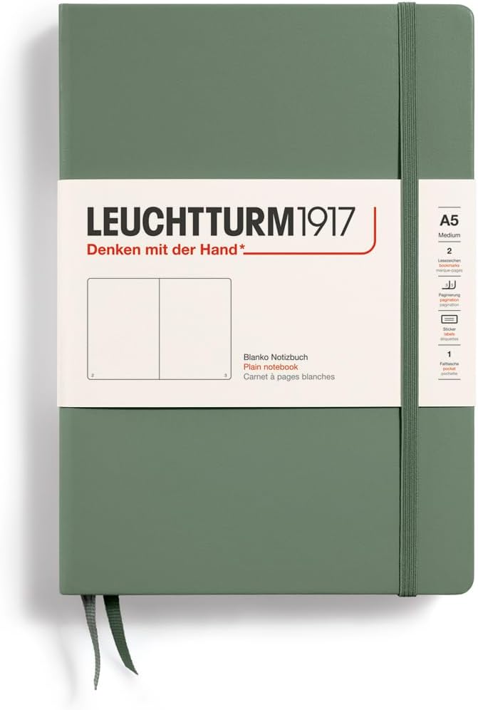 LEUCHTTURM1917 - Notebook Hardcover Medium A5-251 Numbered Pages for Writing and Journaling (Olive, Plain) by LEUCHTTURM1917