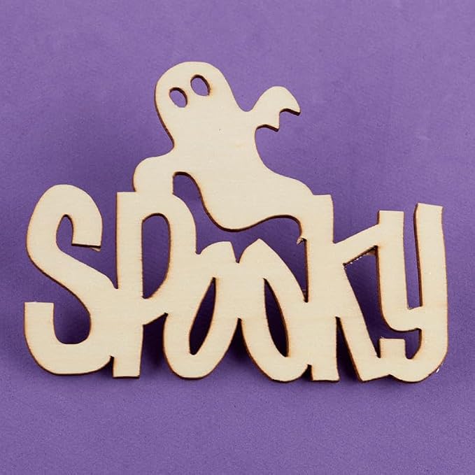 Pack of 12 Unfinished Wood Spooky with Ghost Cutouts - Halloween Wooden Shapes for Fall Crafts and Autumn Decorations - Made in USA (Size: 5" L x 3-7/8" W) - Image 3