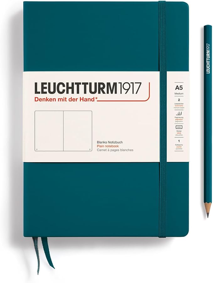 LEUCHTTURM1917 - Notebook Hardcover Medium A5-251 Numbered Pages for Writing and Journaling (Pacific Green, Plain) by LEUCHTTURM1917