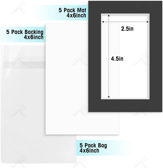 Golden State Art 5 Pack Black Mat 4x6 for 3x5 Photo Matte+Backings+Bags | Acid-Free,4-Ply Thick,Pre-Cut Kit Mattes,White Core,Bevel Cut,For Photos, Pictures,Artwork, Poster or Print Display - Image 2