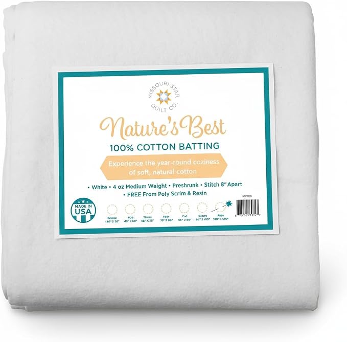 Missouri Star Nature’s Best 100% Cotton King Batting – White, 120" x 120", Natural Quilt Batting for King-Size Quilts, Crafts & Sewing – Soft, Breathable & Made in USA by MISSOURI+STAR+QUILT+CO.