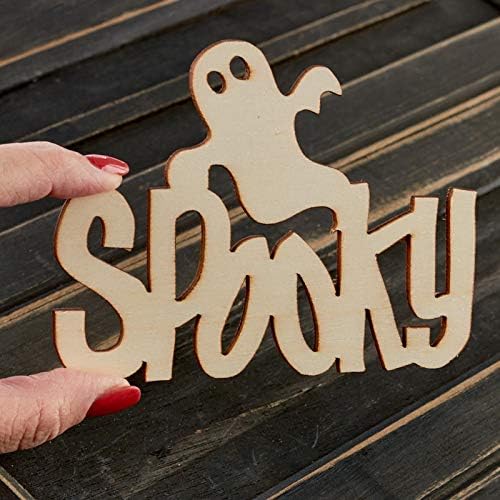 Pack of 12 Unfinished Wood Spooky with Ghost Cutouts - Halloween Wooden Shapes for Fall Crafts and Autumn Decorations - Made in USA (Size: 5" L x 3-7/8" W) - Image 2