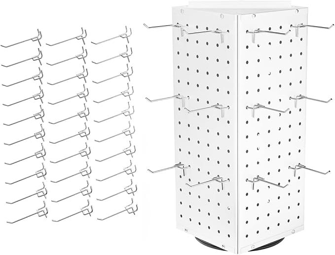 BYCY Rotating Pegboard Display Stand with 30 Hooks,Metal Spinning Peg Board Displays for Craft Shows,4-Sided Jewelry and Accessories Display Racks for Markets,Vendors,Events&Retail Stores (White) by BYCY
