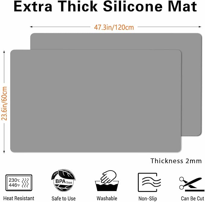 2 Pack 47.3"x23.6" Silicone Kitchen Counter Mats, 2MM Thick Heat Resistant Non-Slip Countertop Protector, Waterproof Durable Mats for Kitchen Countertops, Islands, or Workspaces (Light Gray) - Image 2