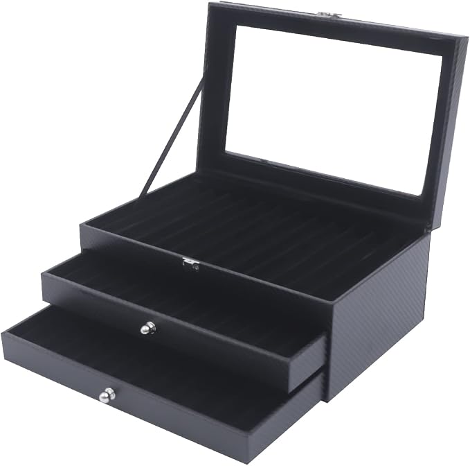 AngelcityCC 36 Slot Black Leather Flannel Pen Organizer Box with Glass Window, Charcoal Fiber Pen Collection Display Case by AngelcityCC