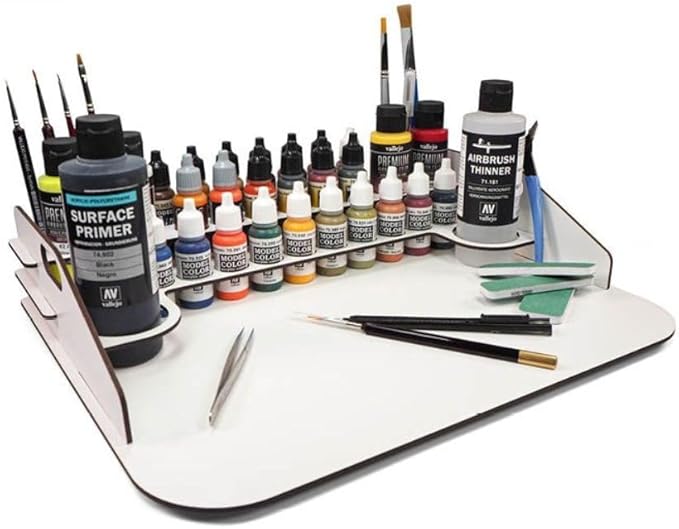 Vallejo - Paint Display and Work Station 40 x 30 cm | Capacity for 24 Bottles of 18 ml. (0.6 fl.oz.), 4 of 35 ml. (1.18 fl.oz.) or 60 ml. (2.02 fl.oz.), 2 of 200 ml. (6.76 fl.oz.) and 10 Brushes