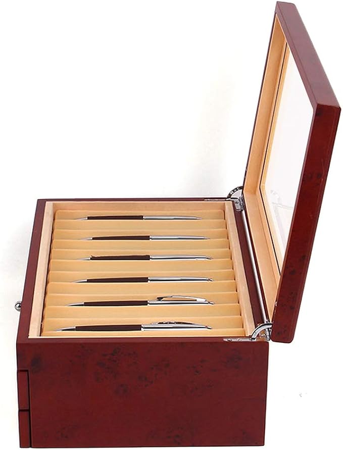 34 Slots Wooden Pen Display Box, 34 Pens Storage Fountain Pen Collector Case with Transparent Top Large Organizer Box, Gifts for Man Father Boyfriend Husband (Red) - Image 4