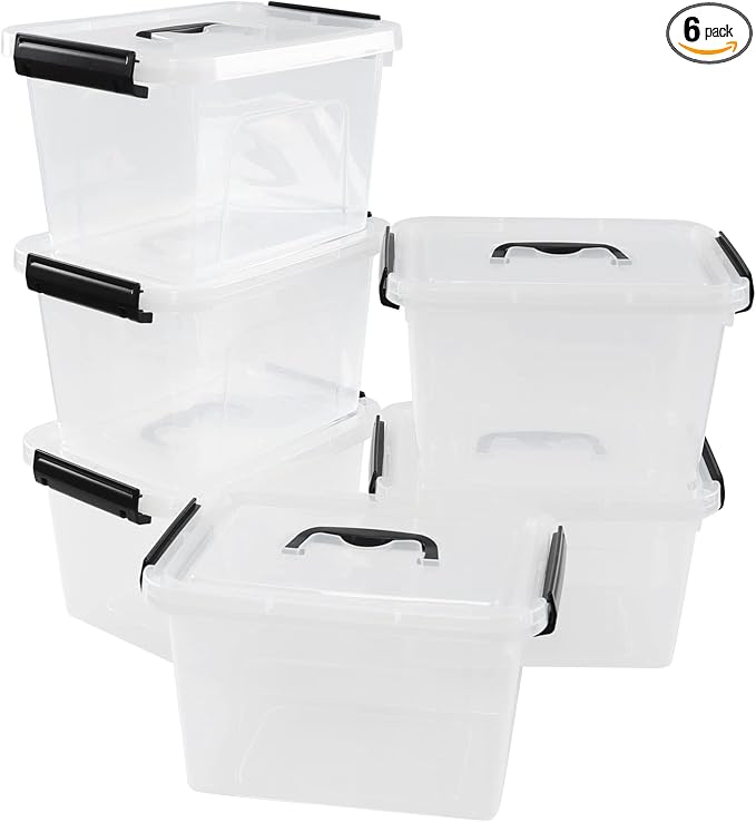6 Packs 6 Qt Clear Plastic latching Storage Box with Lid and Handle | Secure Stackable Organizer Containers for Stationery, Snacks, Tools by Neadas