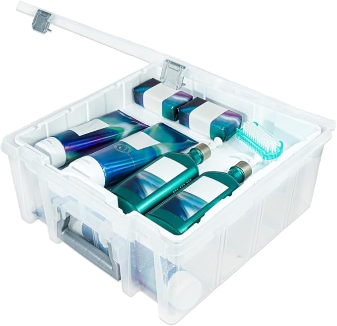 Best Kept Super Satchel Double Deep with Lift-Out Tray, Clear | Lift-Out Tray Plus Removable Dividers, 15.25 x 14 x 6.25 Inches, Silver Latches, Stackable Polypropylene by BestKept