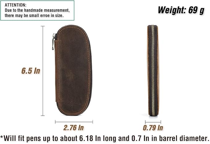 Top Grain Genuine Leather 2 Pen/Pencil Case Bag Organizer, Minimalist Vintage Design, Handmade, Zipper Closure with Stretch Strap, Gift Choice for Man/Woman/Office, Matte Coffee, 2 Slots - Image 4