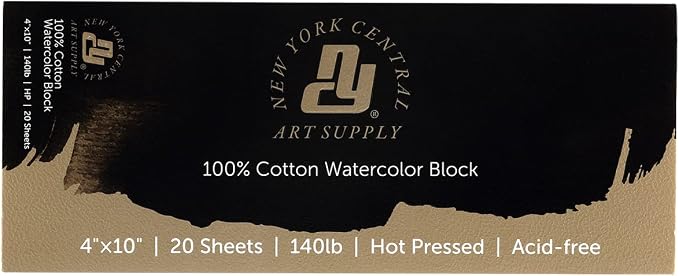 New York Central Watercolor Paper Block - 4x10" - 20 Sheets, 140 lb. Hot Press - 100% Cotton, Acid-Free, Archival Quality, Bright White Watercolor Paper Pad for Wet & Dry Media by NewYorkCentral