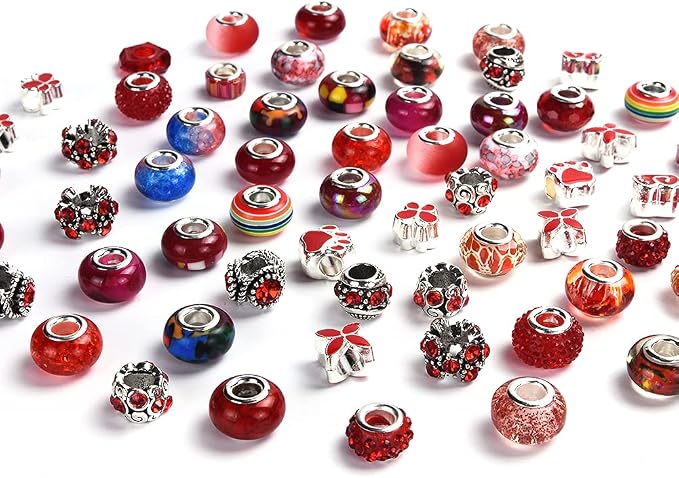 Aipridy European Large Hole Beads, Colorful Glass Charm Beads Set, Assorted Patterns and Designs Rhinestone Craft Beads for DIY Bracelet Jewelry Making (60, Siam Resin+Alloy) - Image 2
