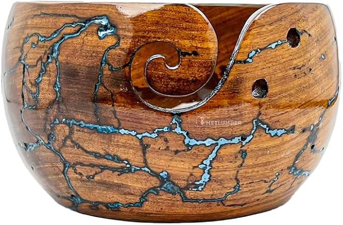 METLUMBER Wooden Yarn Bowl Rosewood Yarn Storage Bowl Holder & Dispenser for Tangle-Free Yarn Perfect Large Knitting & Crochet Bowl Fractal Wood Burning & Resin Artwork by METLUMBER