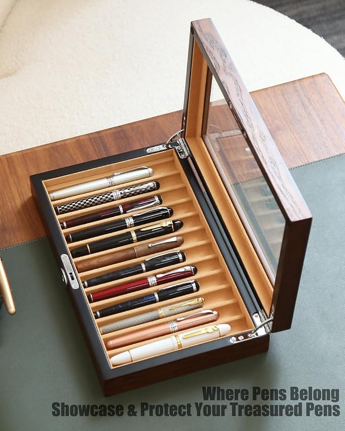 Fountain Pen Display Case with 12 Pens, Wood Pen Display Box, Lockable Pen Storage Box with Glass Top, Pen Box Organizer, Pen Collection Display Case (Brown with Camel Velvet) - Image 3