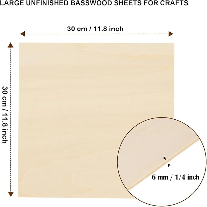 24 Pack Basswood Sheets for Crafts 12"x12"x1/4", 6mm Thick Plywood Sheets Board for Craft, Unfinished Wood Sheet for Laser Cutting & Engraving, Wood Burining, Painting, Staining，Architectural Model - Image 2