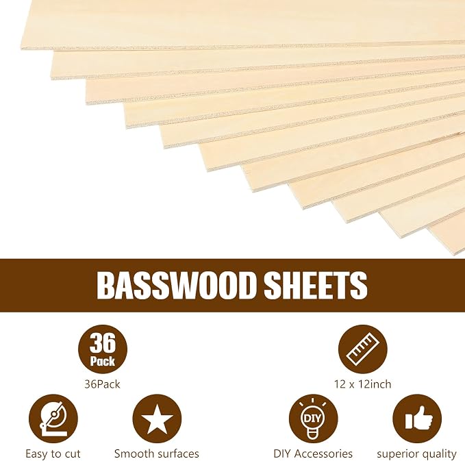 Riakrum Basswood Sheets Plywood Board Unfinished Wood Boards for Crafts for DIY Laser Projects Architectural Mini House Building Hobby Model Making(12 x 12 x 1/16 Inch,36) - Image 4