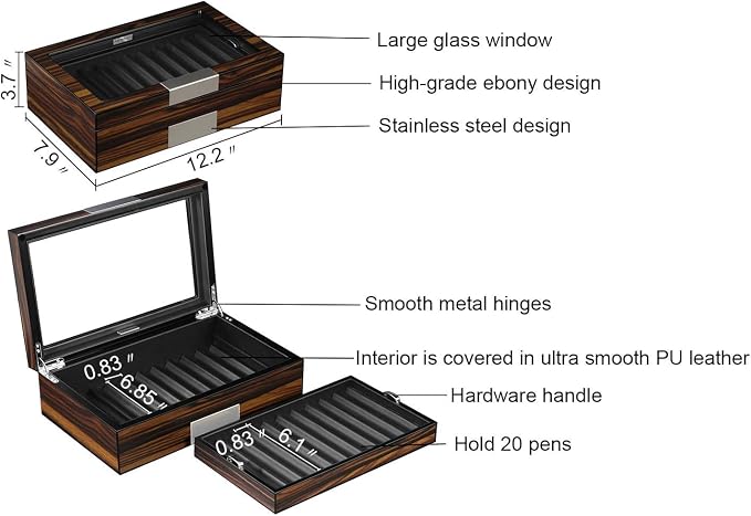 Pen Display Case - Ebony Wood Storage Box with Glass Window, Holds 20 Fountain Pens, Luxury Pen Organizer for Collectors - Image 7