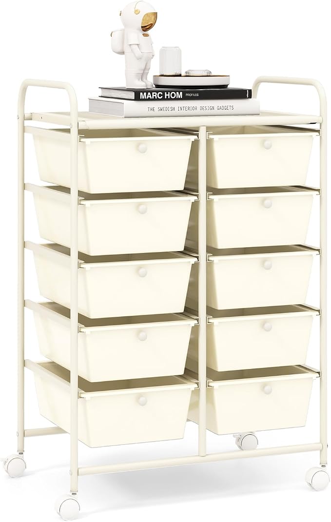 RELAX4LIFE 10 Drawer Storage Cart - Ivory Metal Frame Rolling Art Cart Organizer with Lockable Wheels, Utility Cart for Crafting Storage, Office, Home, School by RELAX4LIFE