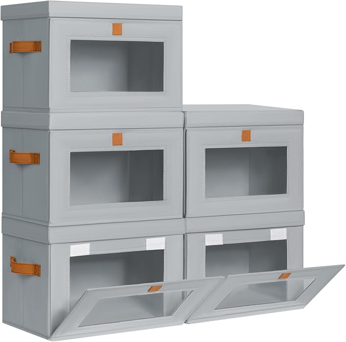 DIMJ Storage Bins with Lids - 5 Pack Front Opening Stackable Fabric Storage Boxes with Clear Window & Handles, Collapsible Closet Organizers for Clothes, Sweaters, Shelf Storage, Bedroom, Gray by DiMJ